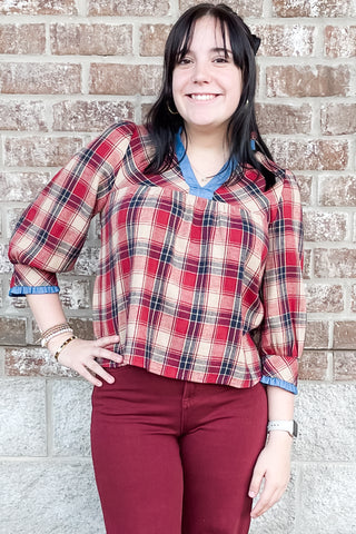 THML holiday red plaid flannel style blouse blue denim trim FTM3158