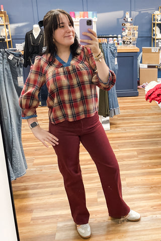 THML holiday red plaid flannel style blouse blue denim trim FTM3158