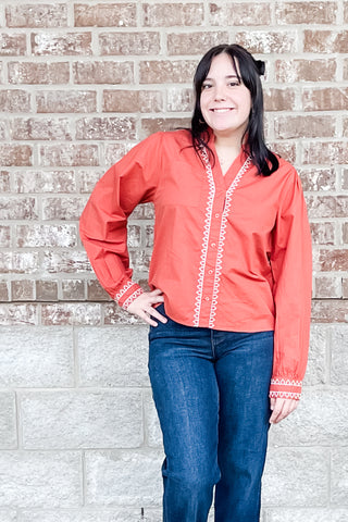 THML rust long sleeved blouse embroidered detail srt1950-1