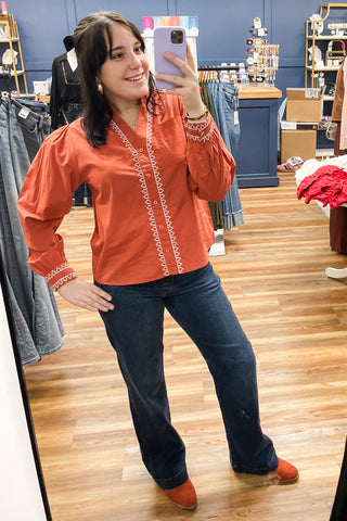 THML rust long sleeved blouse embroidered detail srt1950-1