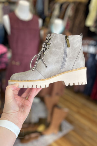 Corkys Footwear Trail Ride Light Grey Lace Up Short Boot for Fall and Winter with Lug Sole showing inside zip