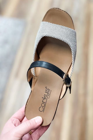 Corkys Footwear Black Combo Treat Yourself Open Toe Wedge Shoe