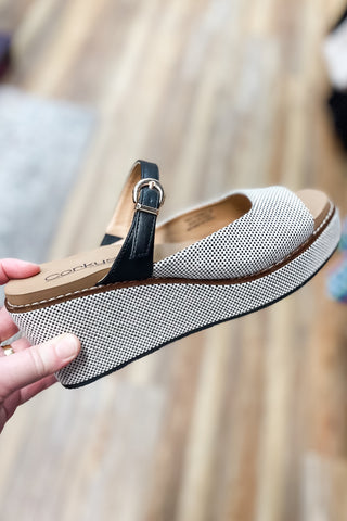 Corkys Footwear Black Combo Treat Yourself Open Toe Wedge Shoe