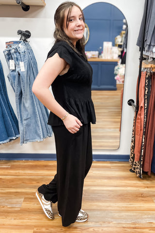 Umgee Black Linen Blend Smocked Peplum Top Scallop Short Sleeves C5671-T