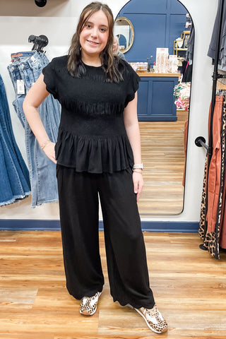 Umgee Black Linen Blend Smocked Peplum Top Scallop Short Sleeves C5671-T