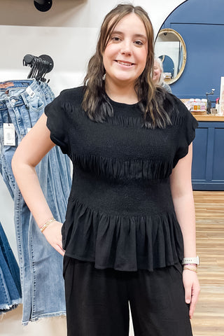 Umgee Black Linen Blend Smocked Peplum Top Scallop Short Sleeves C5671-T