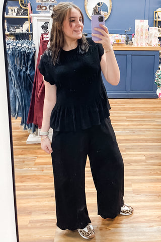 Umgee Black Linen Blend Smocked Peplum Top Scallop Short Sleeves C5671-T