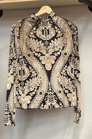 Umgee  Black Long Sleeve Semi Sheer Mesh Top Damask Velvet Burnout C5534