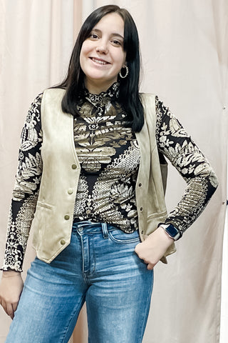 Umgee  Black Long Sleeve Semi Sheer Mesh Top Damask Velvet Burnout C5534