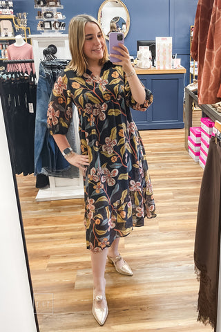 Model wearing the Umgee K0651 fall floral midi dress, full-length front view showing the tiered skirt