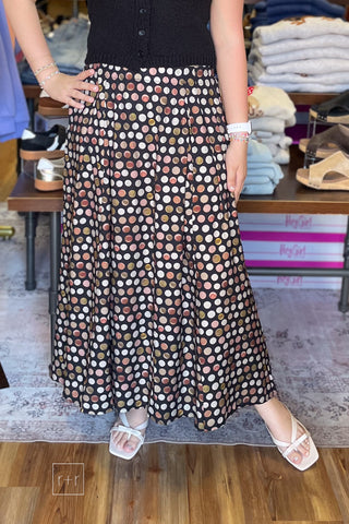 Umgee C6942 black multicolor polka dot maxi skirt with elastic waistband