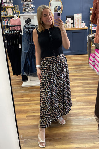 Umgee C6942 black polka dot pleated maxi skirt
