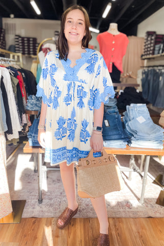 Umgee Blue Abstract Floral Botanical Print Mini Dress Tunic Blue Lace Applique Embroidery Trim Empire Waist K1531