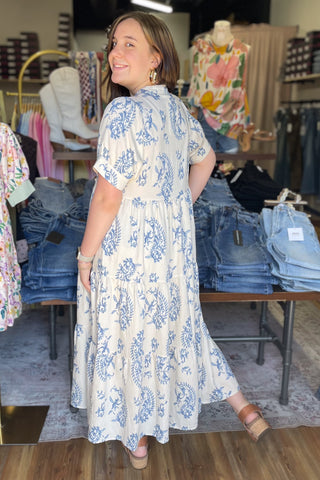 Umgee Blue Mix Paisley Print Midi Length Dress Short Sleeve K9848