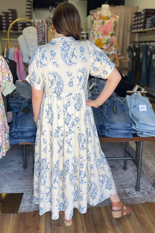 Umgee Blue Mix Paisley Print Midi Length Dress Short Sleeve K9848