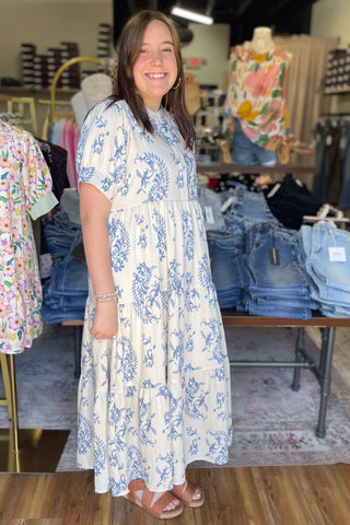 Umgee Blue Mix Paisley Print Midi Length Dress Short Sleeve K9848