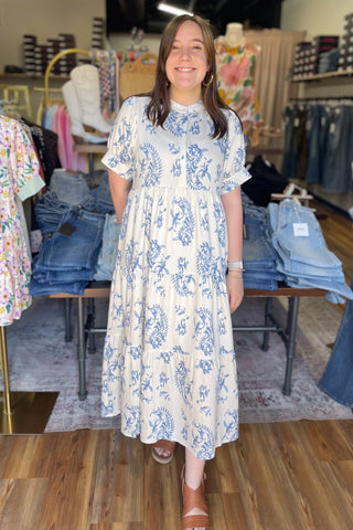 Umgee Blue Mix Paisley Print Midi Length Dress Short Sleeve / Small