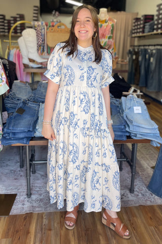 Umgee Blue Mix Paisley Print Midi Length Dress Short Sleeve K9848