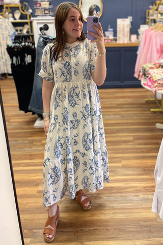 Umgee Blue Mix Paisley Print Midi Length Dress Short Sleeve K9848