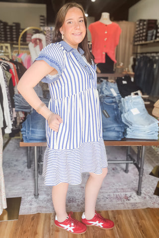 Umgee blue mixed stripe flutter short sleeve mini babydoll dress C5933