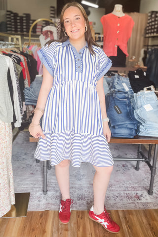 Umgee blue mixed stripe flutter short sleeve mini babydoll dress C5933