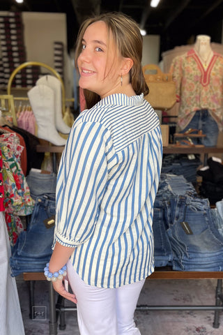 Umgee Blue Striped Pullover Blouse Three Quarter Sleeves C5859 back view
