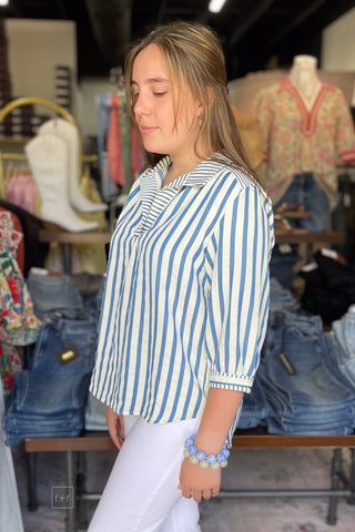 Umgee Blue Striped Pullover Blouse Three Quarter Sleeves C5859 side profile