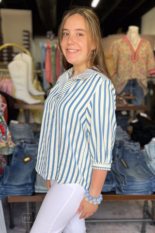 Umgee Blue Striped Pullover Blouse Three Quarter Sleeves C5859 side profile