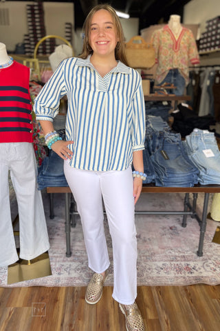 Umgee Blue Striped Pullover Blouse Three Quarter Sleeves C5859 front view