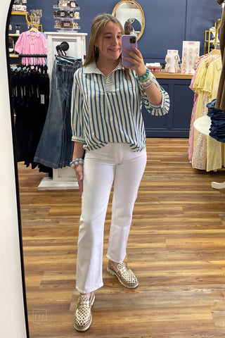 Umgee Blue Striped Pullover Blouse Three Quarter Sleeves C5859 mirror selfie