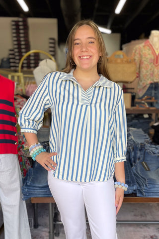 Umgee Blue Striped Pullover Blouse Three Quarter Sleeves C5859 front view