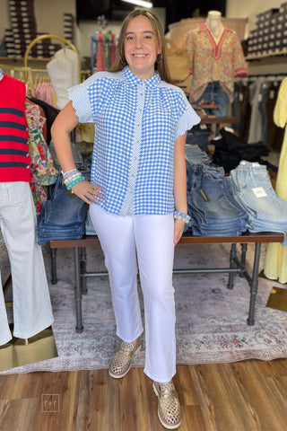 Umgee Blue Short Sleeve Gingham Button Top Contrast Striped placket and shoulders C6333 paired with white denim front view