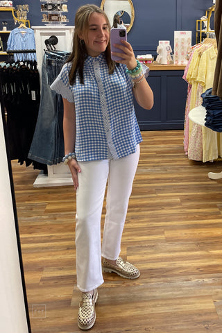 Umgee Blue Short Sleeve Gingham Button Top Contrast Striped placket and shoulders C6333 paired with white denim front view mirror selfie