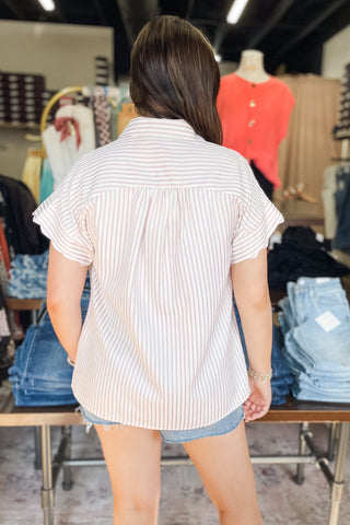 Umgee blush vertical stripe button scalloped short sleeve blouse C5857