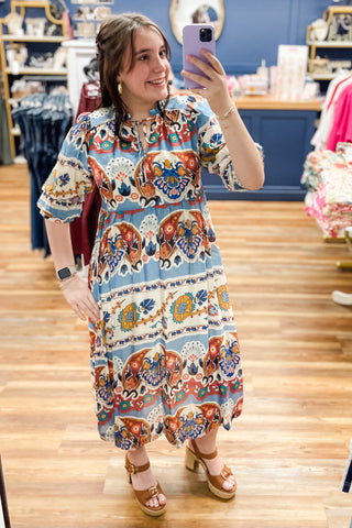 Umgee border blue mix paisley print aline midi dress tiered skirt front tie elbow length sleeves K9028