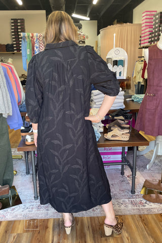 Umgee C6760 black jacquard collared midi dress showing the easy, roomy silhouette, styled with Corkys Knot Gonna Happen heeled mules in leopard