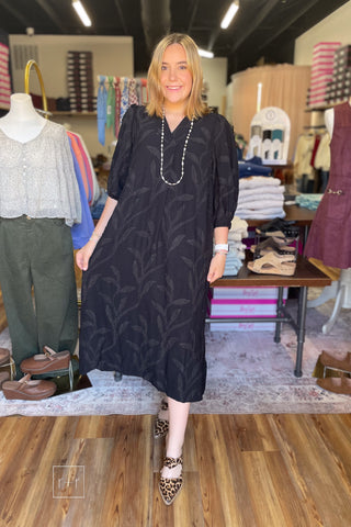 Umgee C6760 black jacquard collared midi dress with voluminous 3/4 sleeves, styled with Corkys Knot Gonna Happen heeled mules in leopard