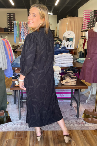 Full-length view of the Umgee C6760 black tonal leaf jacquard midi dress with Corkys Knot Gonna Happen heeled mules in leopard