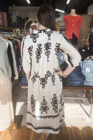 Umgee midi dress empire waist elbow short sleeves Cream and Black K9343 WK9343