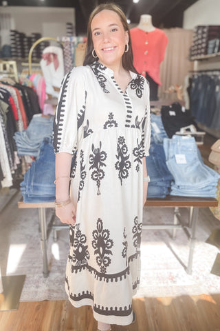 Umgee midi dress empire waist elbow short sleeves Cream and Black K9343 WK9343