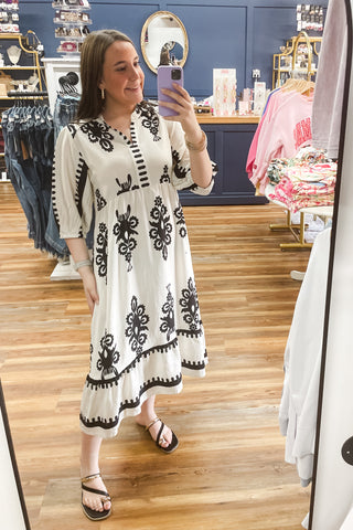 Umgee midi dress empire waist elbow short sleeves Cream and Black K9343 WK9343
