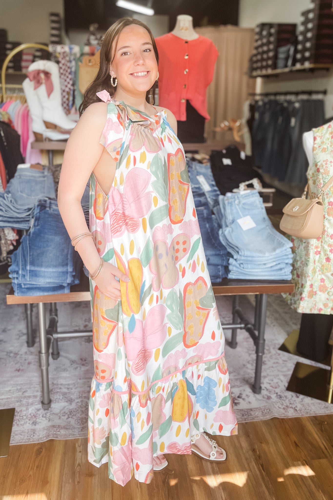 umgee maxi dress Umgee Cream Halter Neck Flowy Maxi Dress Fruit Botanical Print K2025 – rivers + roads boutique