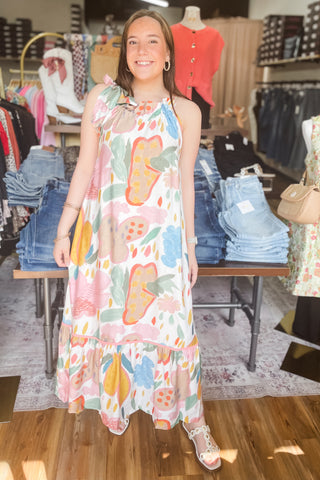 Umgee Cream Halter Neck Flowy Maxi Dress Abstract Fruit Botanical Print Tie Ruffle Neck K2025