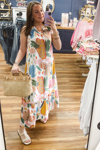 Umgee Cream Halter Neck Flowy Maxi Dress Abstract Fruit Botanical Print Tie Ruffle Neck K2025