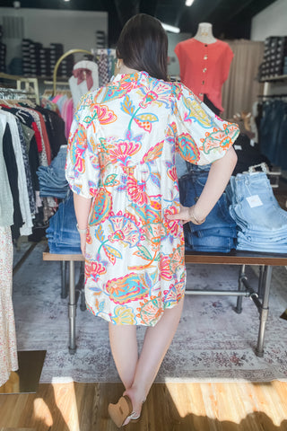 Umgee Cream Mix Botanical Print Babydoll Mini Shirt Dress Collared With Short Puff Sleeves K1622 WK1622