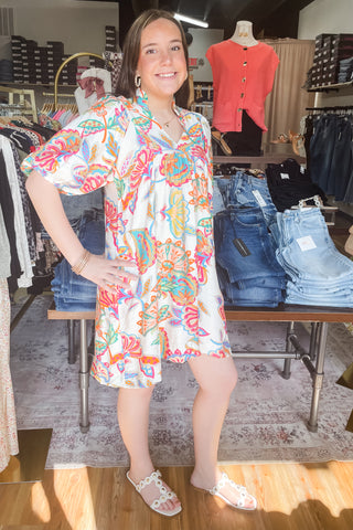 Umgee Cream Mix Botanical Print Babydoll Mini Shirt Dress Collared With Short Puff Sleeves K1622 WK1622