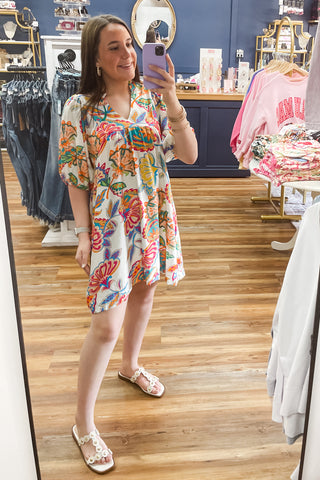 Umgee Cream Mix Botanical Print Babydoll Mini Shirt Dress Collared With Short Puff Sleeves K1622 WK1622