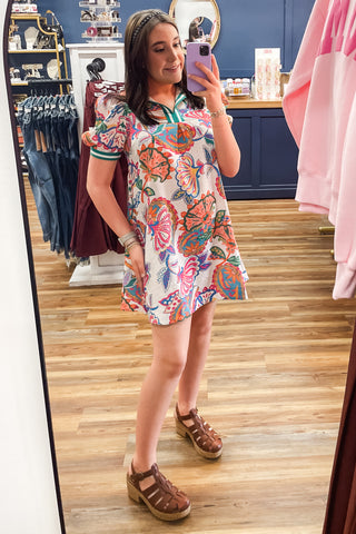 Umgee cream mix jacquard tropical botanical print spring a-line mini dress K1826 with contrast trim