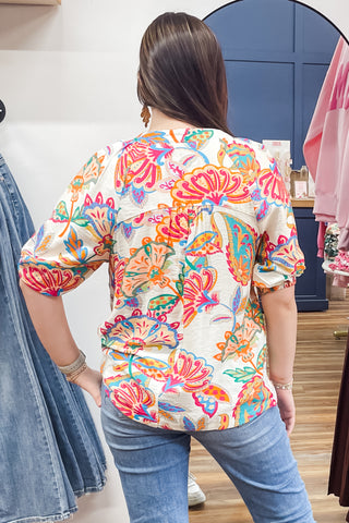 Umgee cream mix pink and green tropical botanical print spring blouse vneck 3/4 sleeves K1607