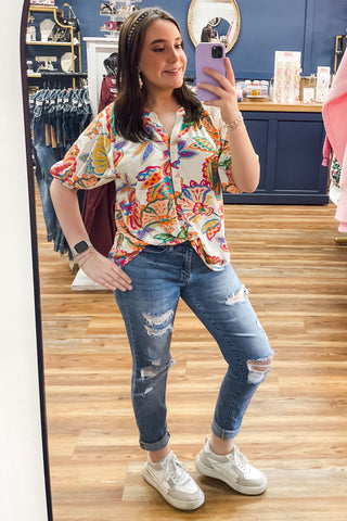 Umgee cream mix pink and green tropical botanical print spring blouse vneck 3/4 sleeves K1607